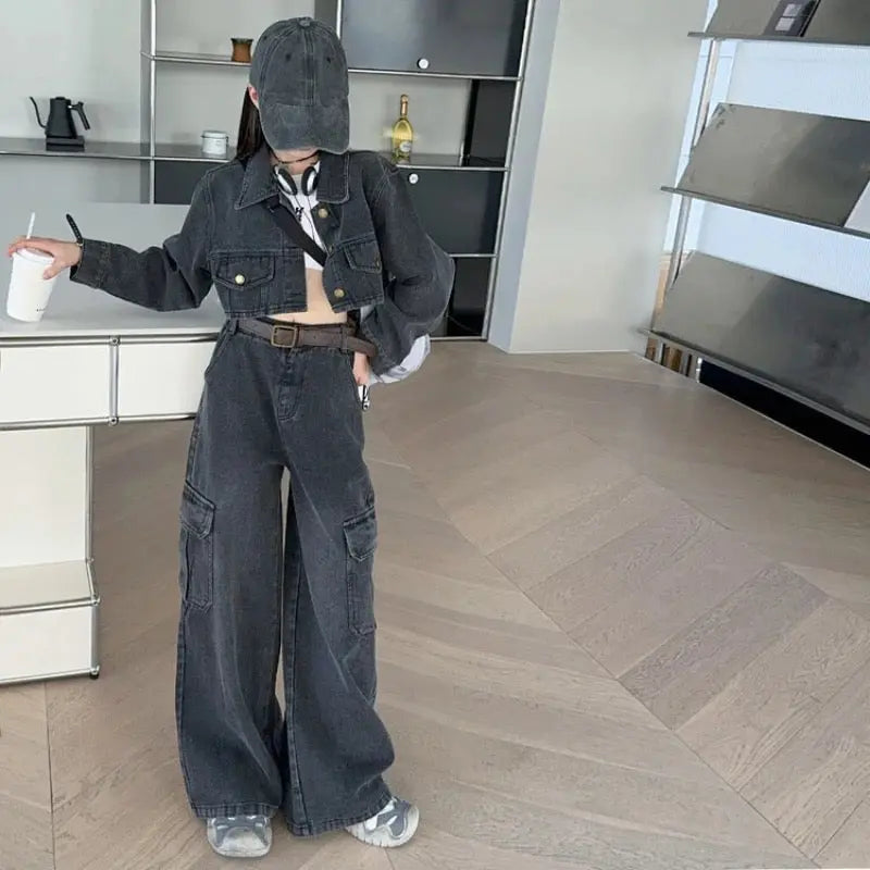 Girls Black Denim Co-ord Set