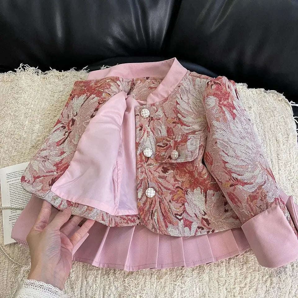 Girls Jacquard Blazer And Pleated Skirt 2 Pcs Set