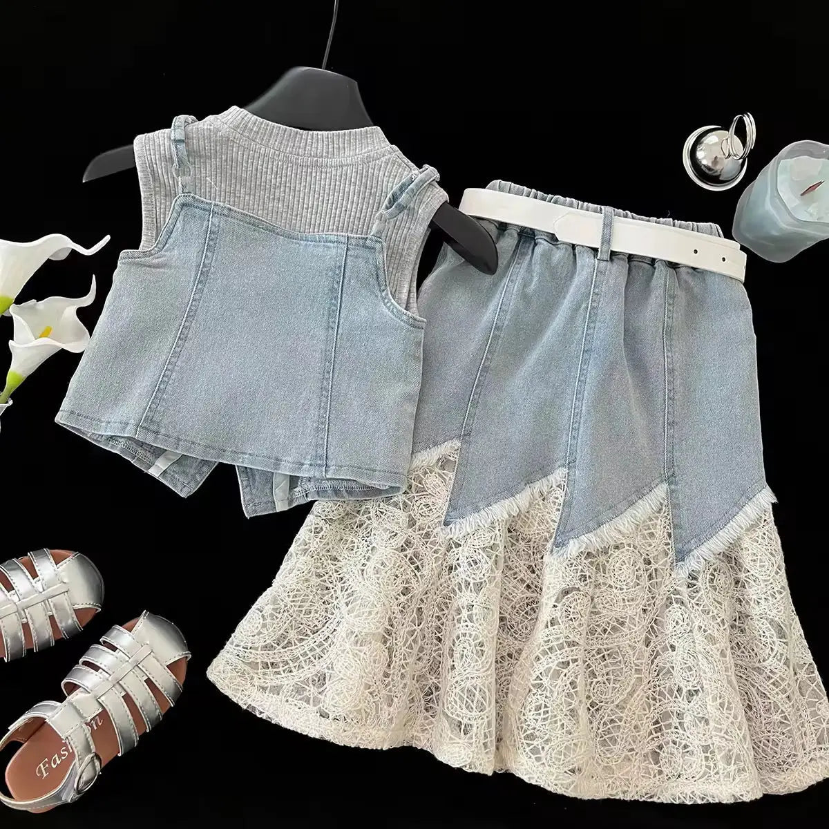 Girls Denim-Lace Co-ord Set