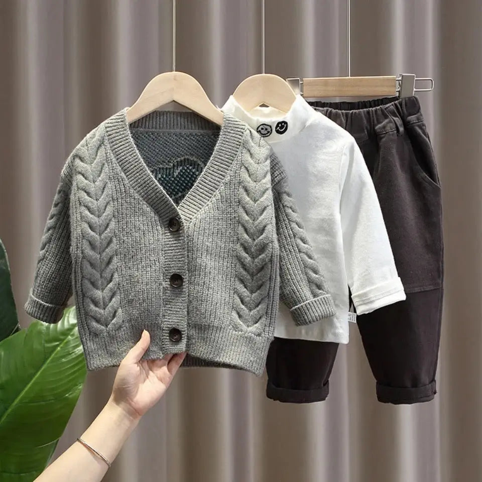 Boys Grey Sweater with T-shirt And Trouser 3 Pcs Set