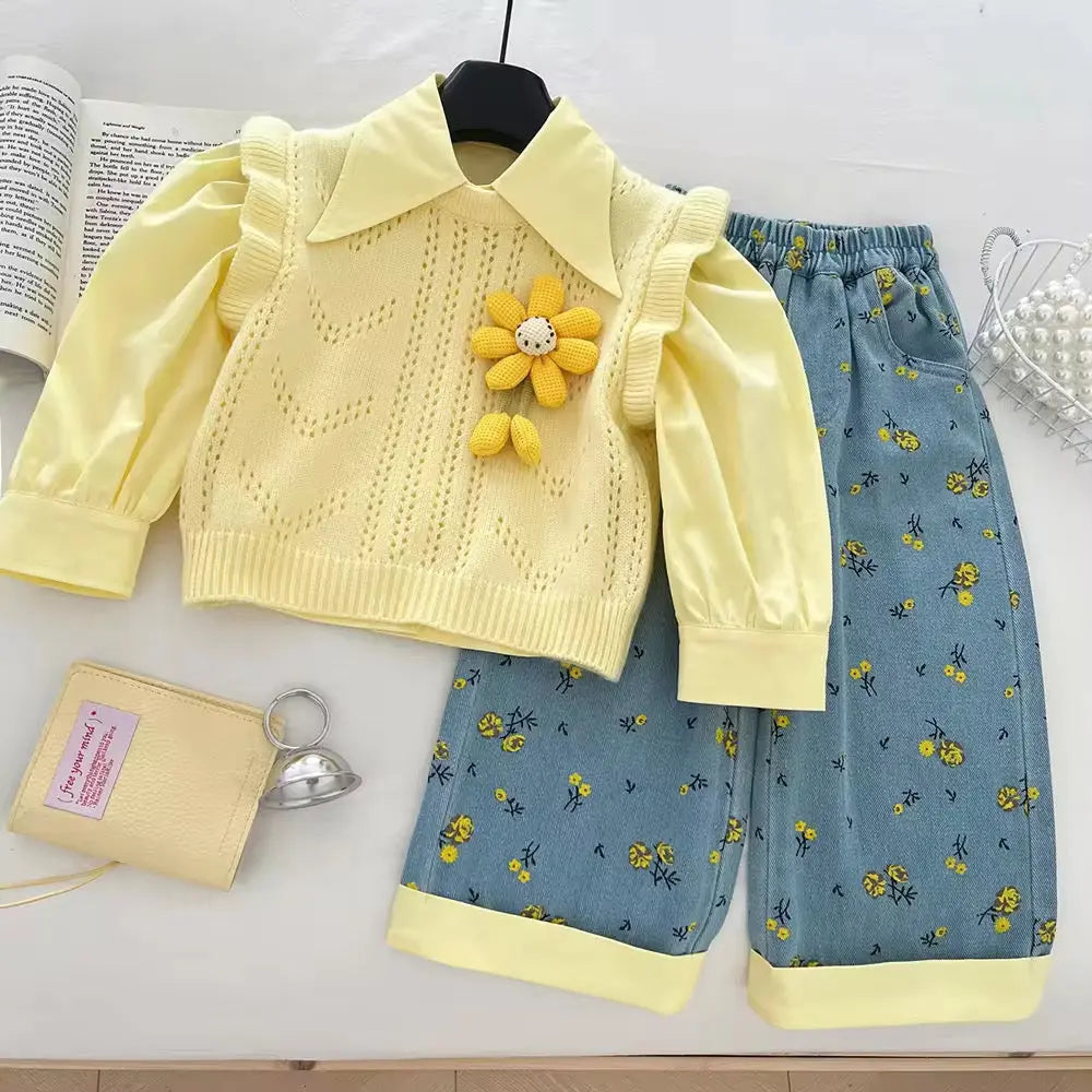 Girls Yellow Ruffle Top, knit Sweater And Printed Denim Pants.