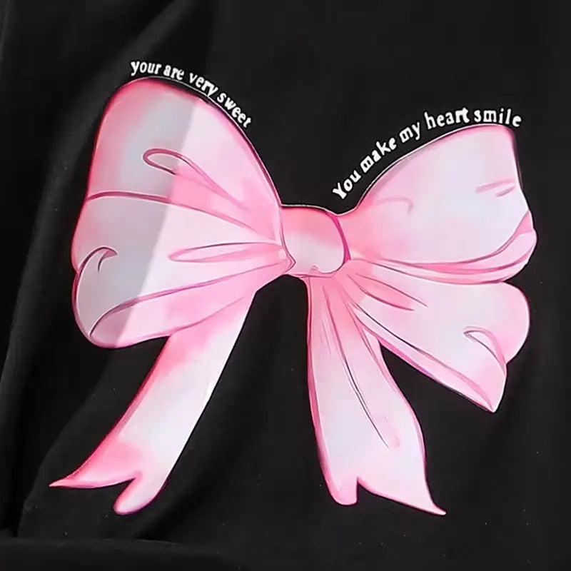 Girls Black Bow Top With Pink Skirt