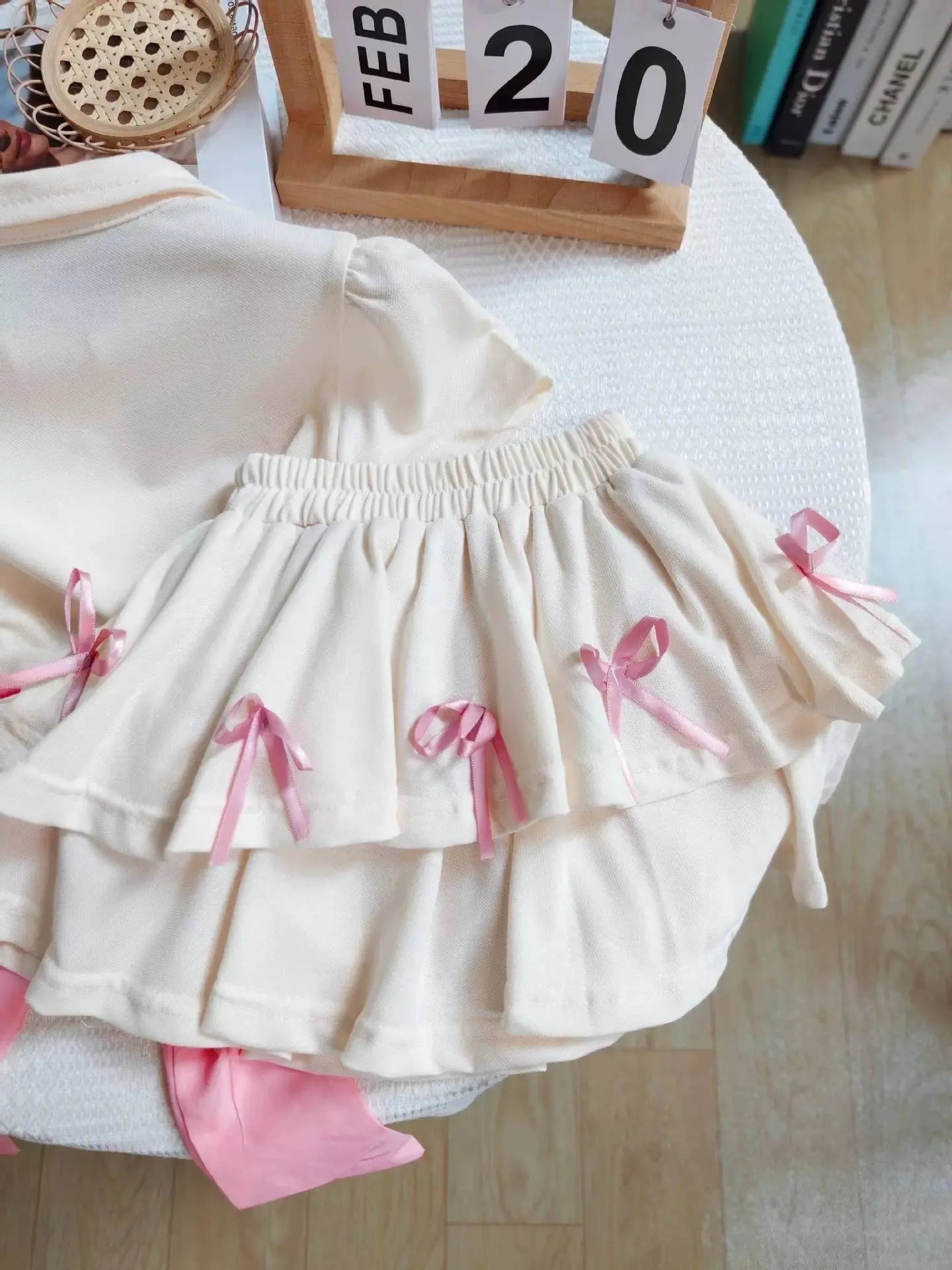Girls White T-Shirt With Back Bow And Skirt  2 Pcs Set