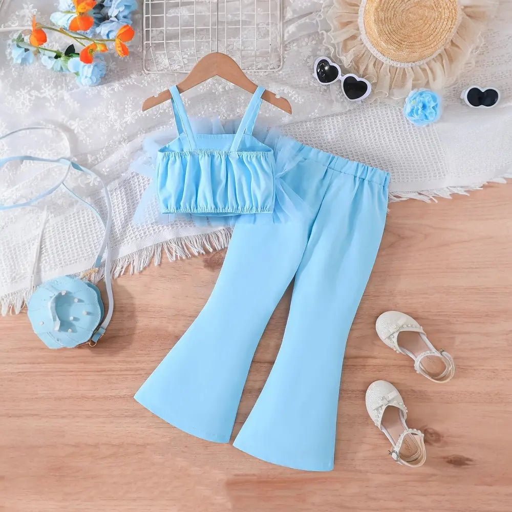 Girls Blue 3D Mesh Top With Flared Pants 2 Pcs Set