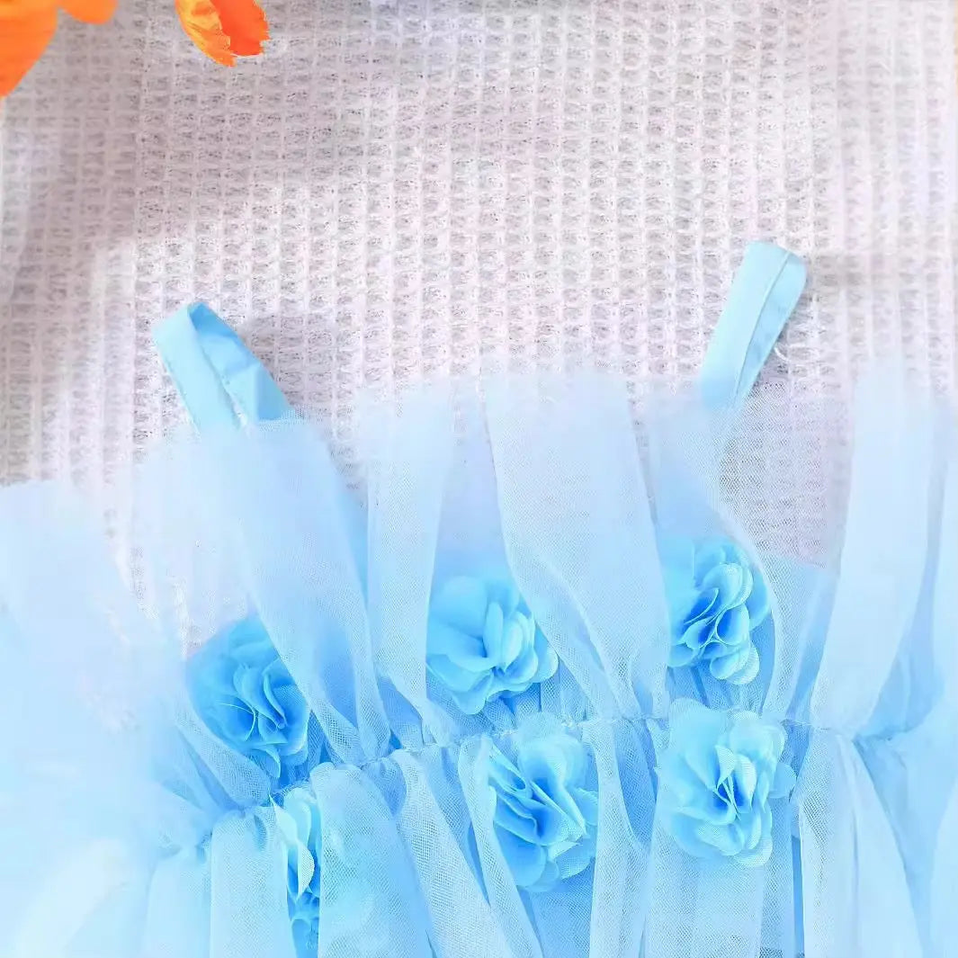 Girls Blue 3D Mesh Top With Flared Pants 2 Pcs Set