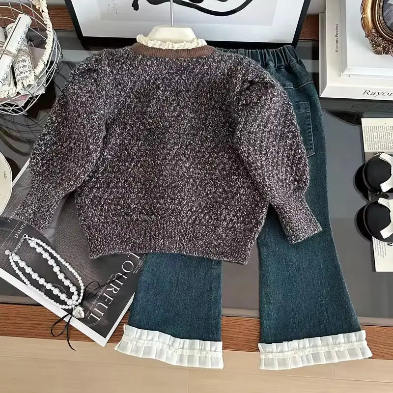 Girls Bow Detail Sweater And Jeans Set