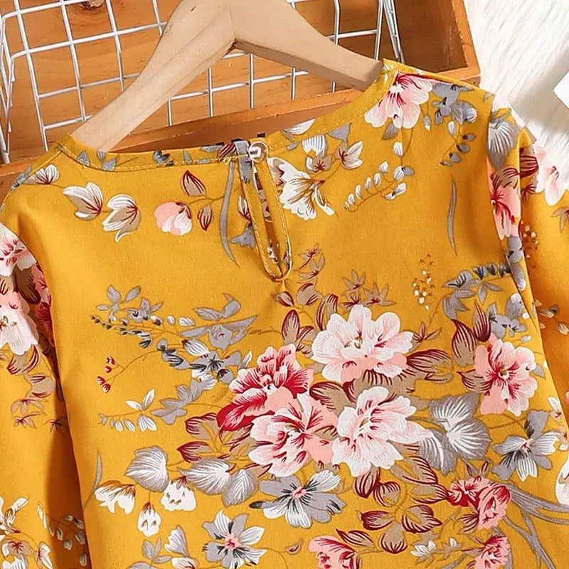 Girls Yellow Floral Printed Top And Pants 2 Pcs Set