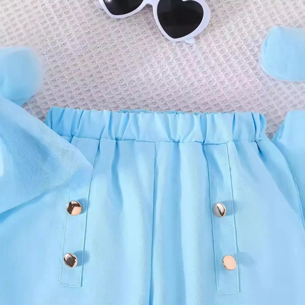 Girls Blue 3D Mesh Top With Flared Pants 2 Pcs Set