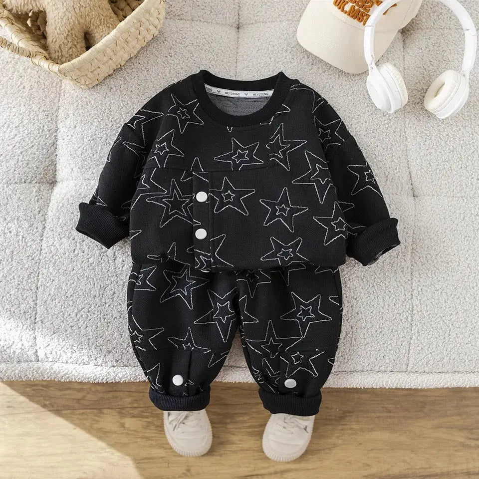 Boys Black Starry Co-Ord With Button Details