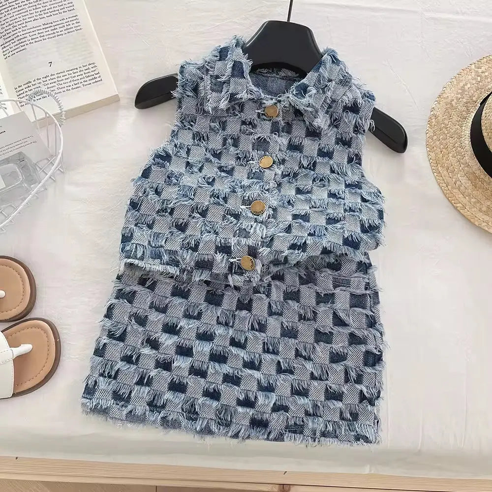 Girls Denim Top And Skirt Set