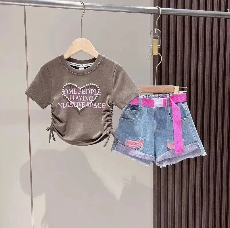 Girls Pearl T-Shirt And Denim Shorts