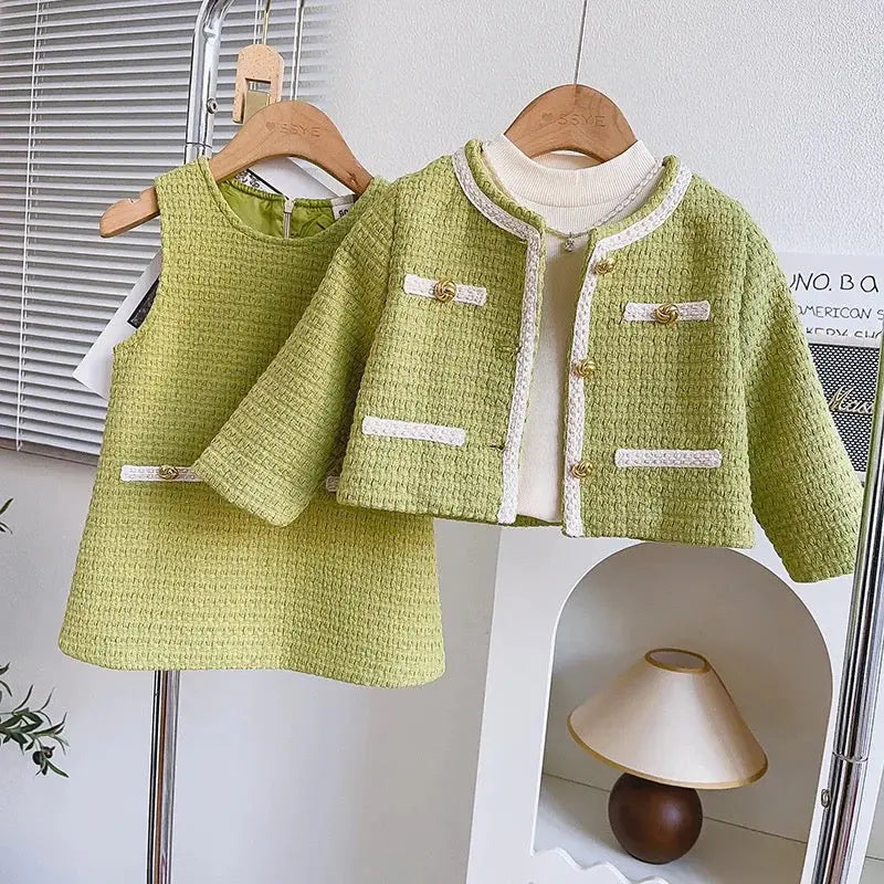 Girls Tweed Green Dress With Jacket