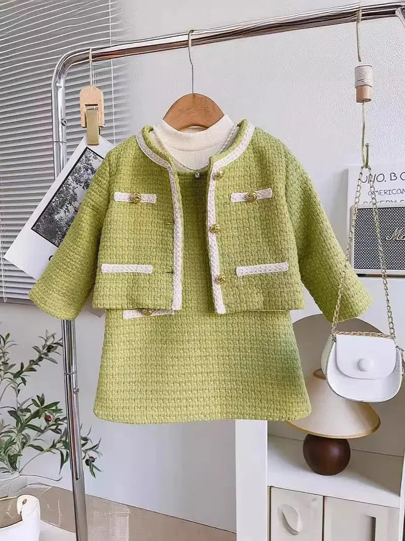 Girls Tweed Green Dress With Jacket