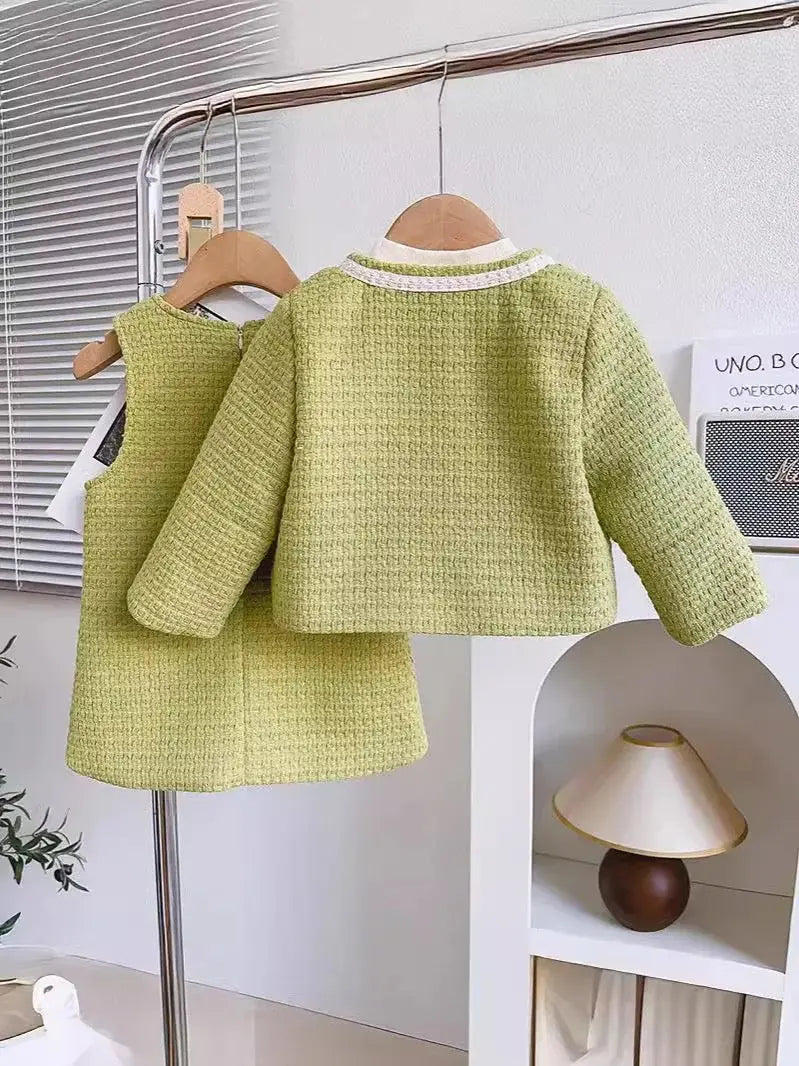 Girls Tweed Green Dress With Jacket