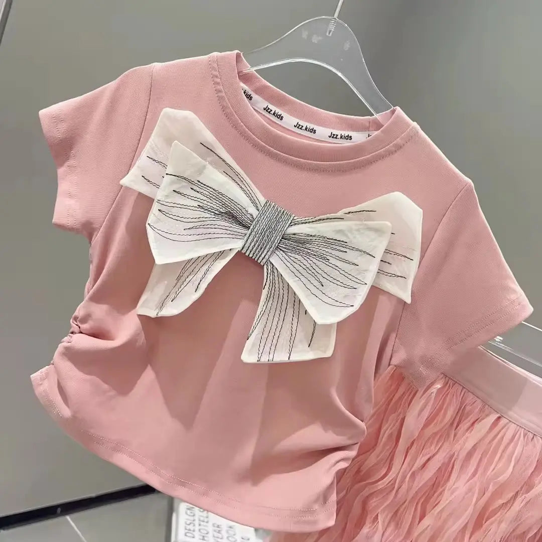 Girls Pink Bow Top And Mesh Skirt 2 Pcs Set