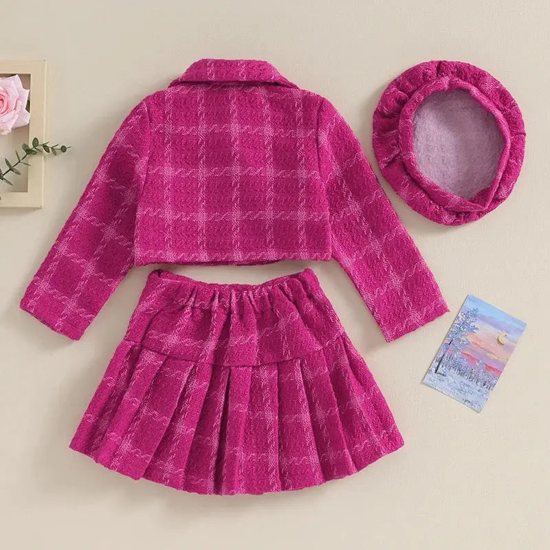Girls Tweed Jacket And Skirt Set With Matching Cap