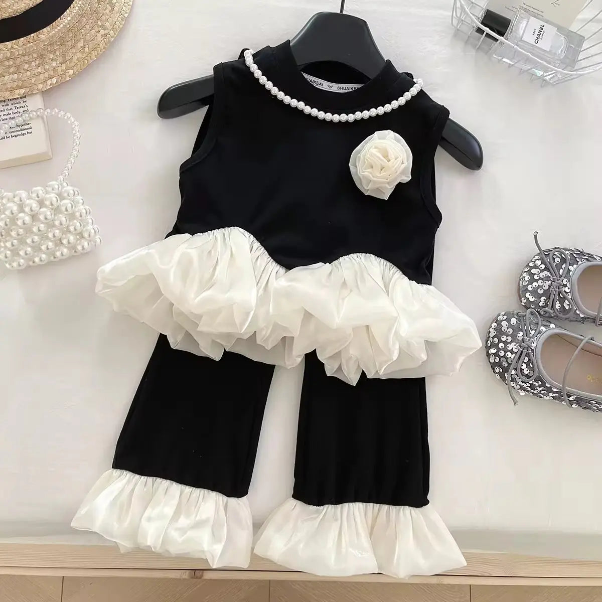 Girls Elegant Black Top And Pants With Ruffled Details