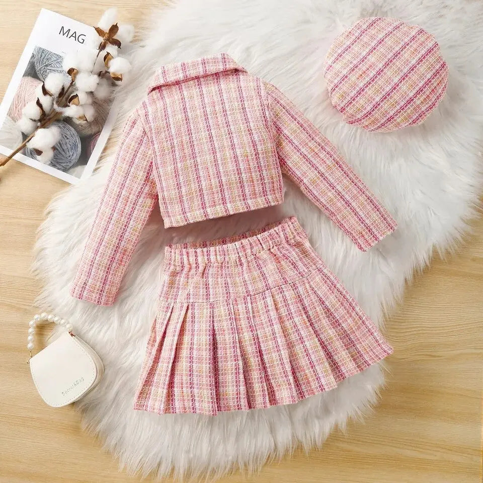 Girls Tweed Jacket And Pleated Skirt Set With Matching cap