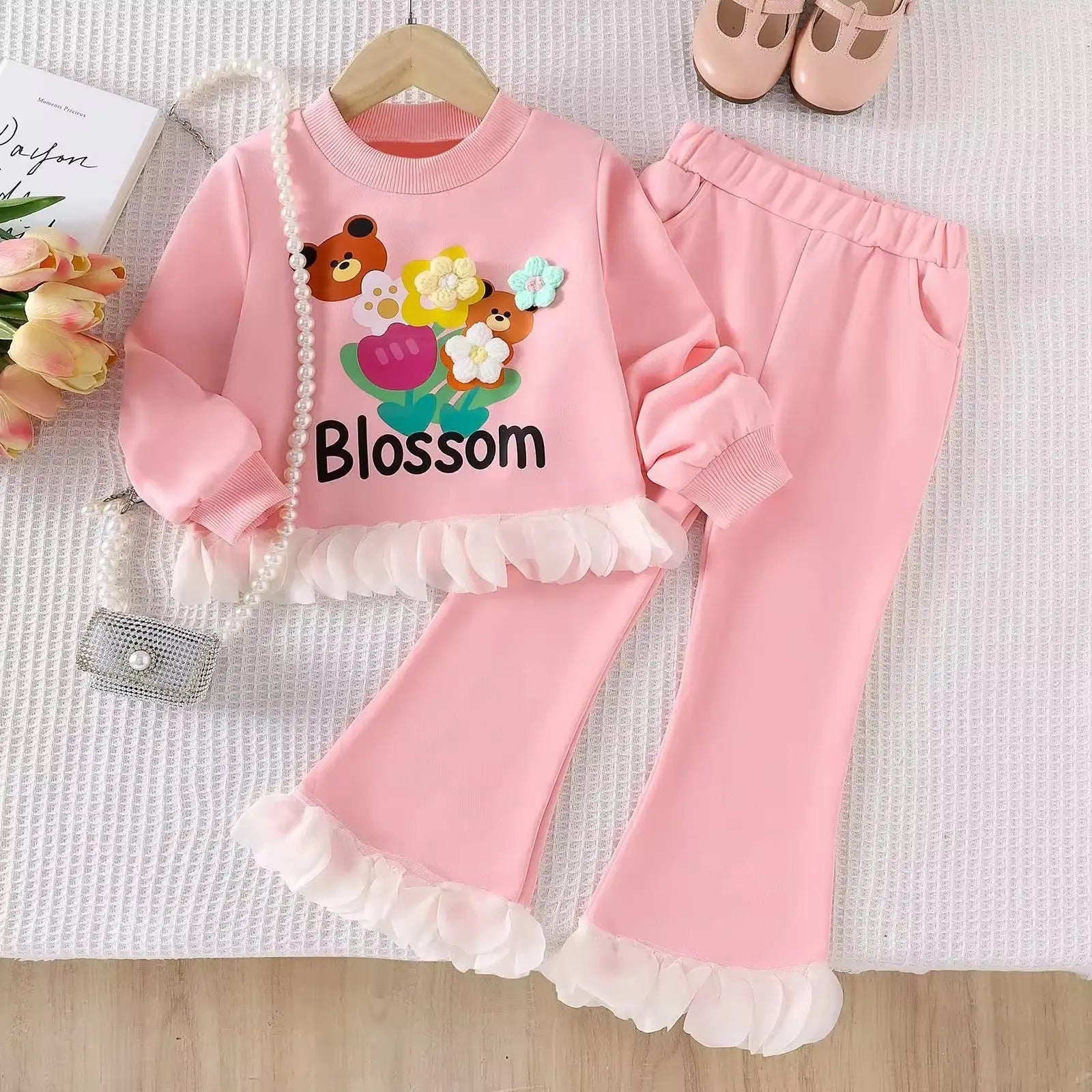Girls Pink Floral Applique Sweatshirt And Pant 2Pcs Set