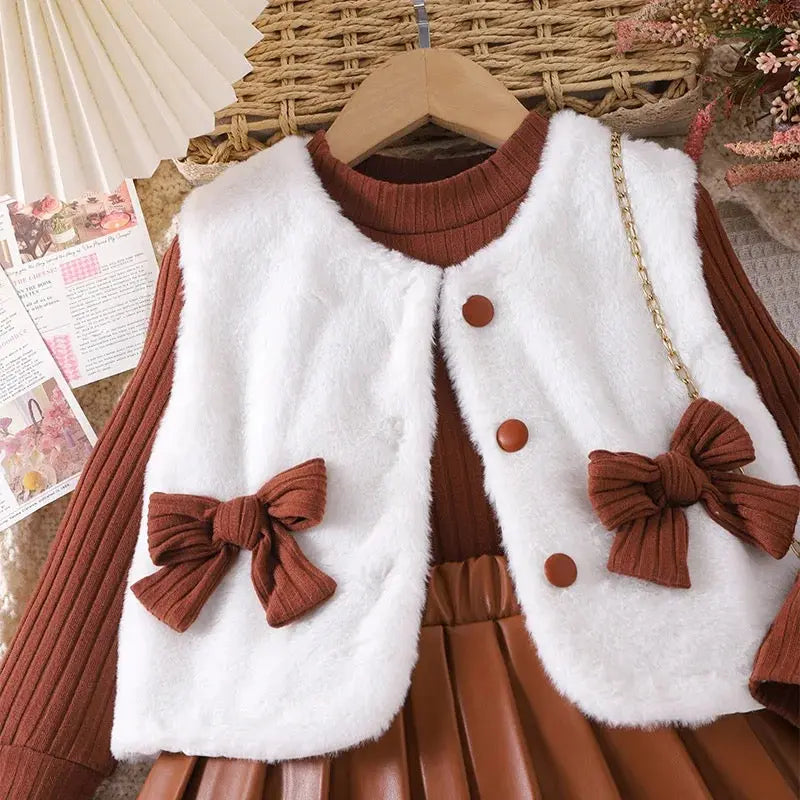 Girls Knitted Top With Jacket And Pleated Skirt