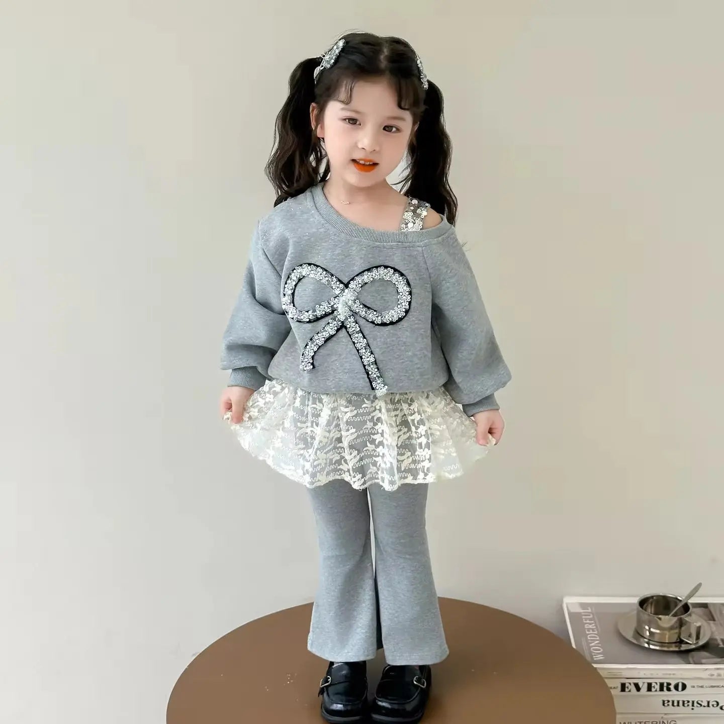 Girls Grey Bow Top With Lace Hem Matching Pants
