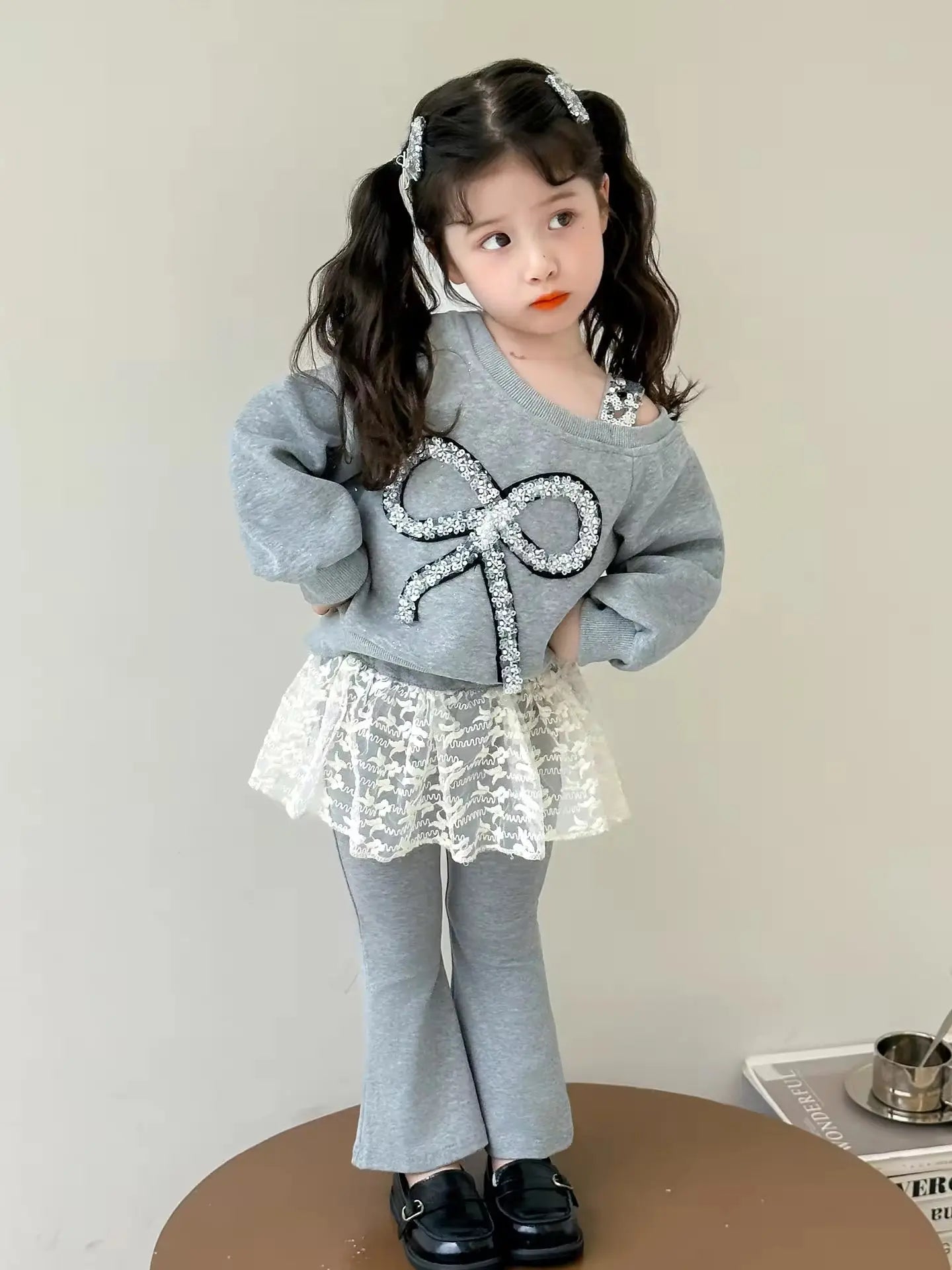 Girls Grey Bow Top With Lace Hem Matching Pants