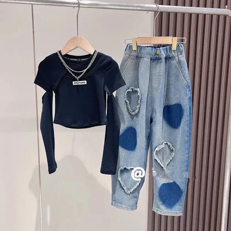 Girls Black Top And Heart Patch Wide Leg Jeans