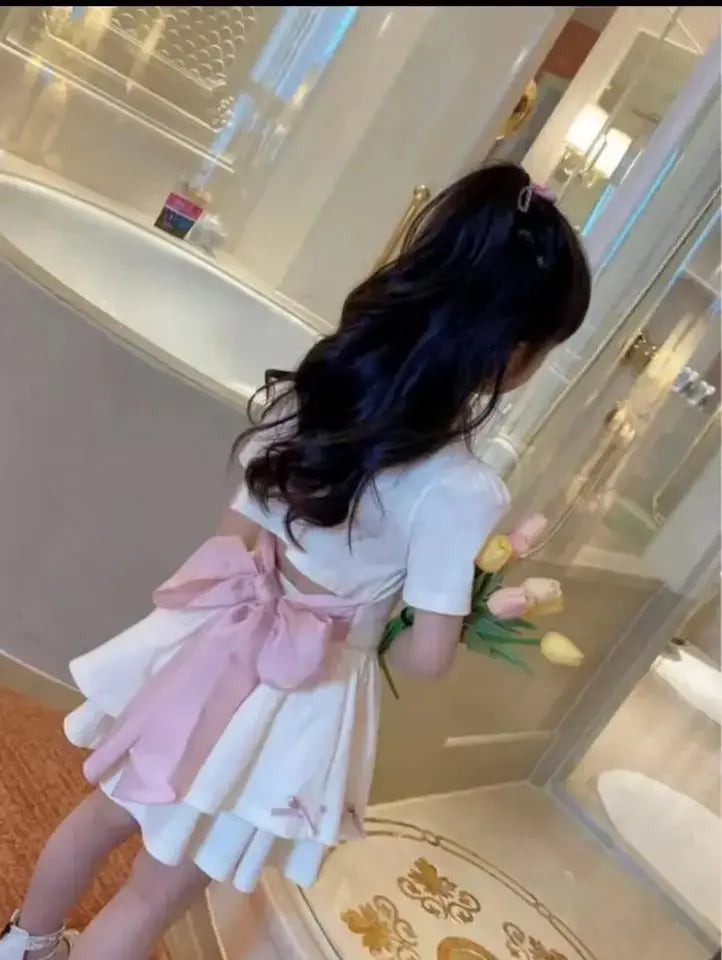Girls White T-Shirt With Back Bow And Skirt  2 Pcs Set