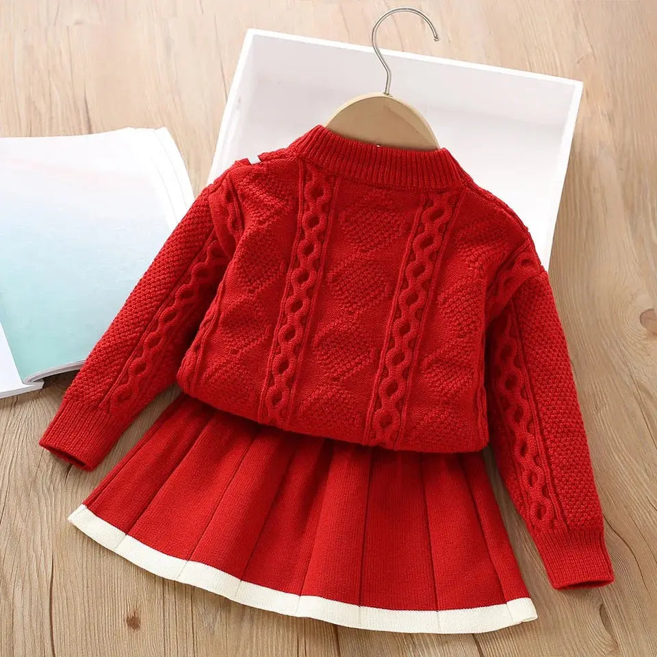 Girls Red Designer Sweater And Skirt 2 Pcs Set