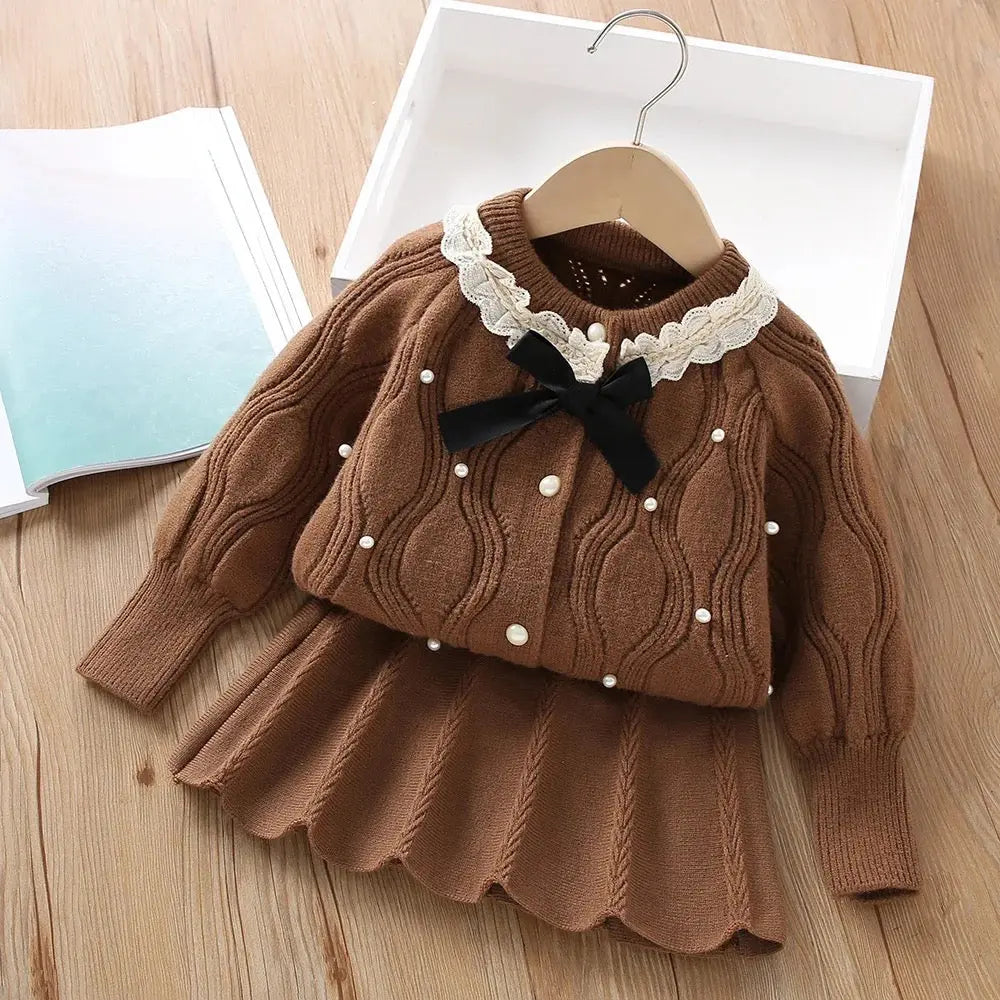 Girls Brown Sweater With Pearl Detail And Skirt Set