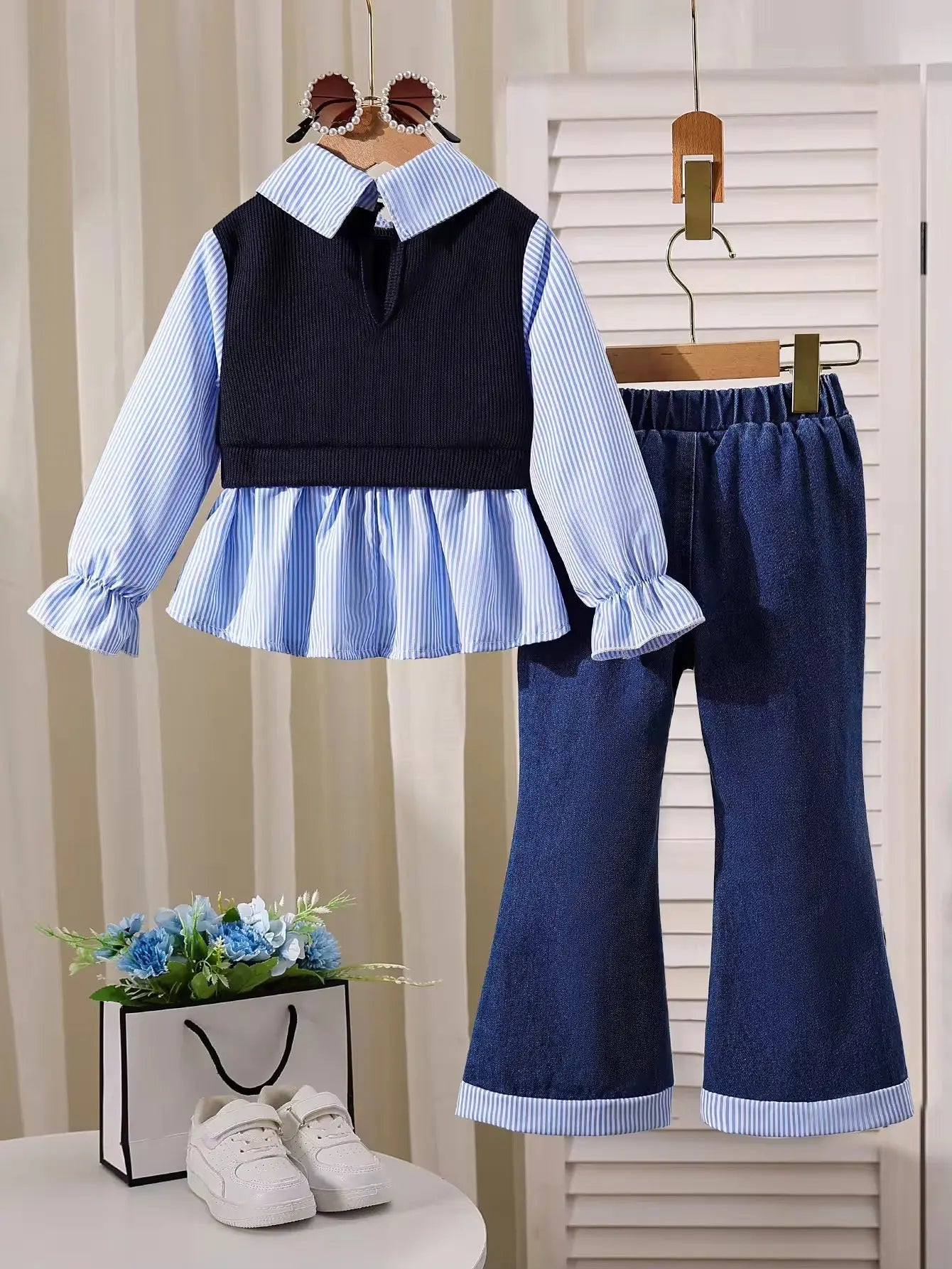 Girls Layered Top And Flared Jeans