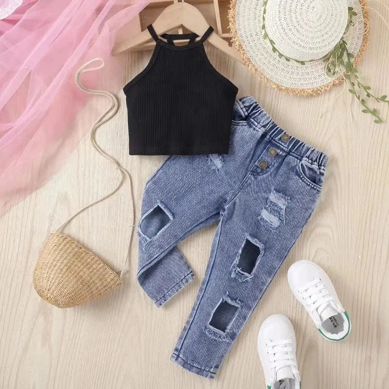 Girls Black Knitted Halter Crop Top And Rugged Jeans 2 Pcs Set