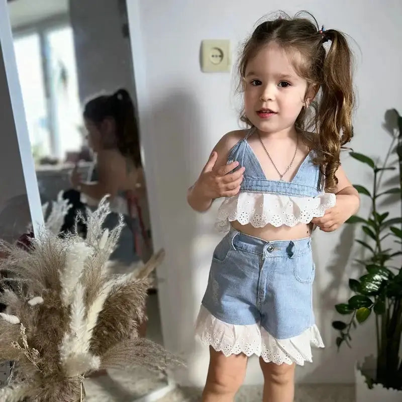 Girls Halter Frill Denim 2 Pc Set