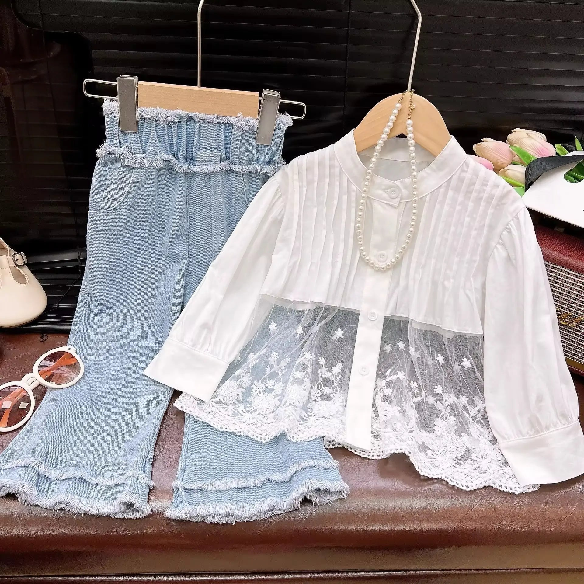Girls Lace Panel Shirt With Denim Jeans