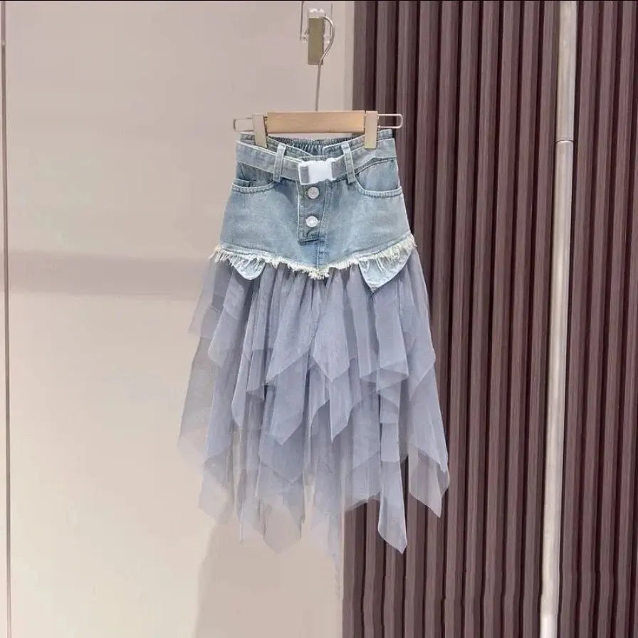 Girls Black Top And Denim Mesh Frill Skirt 2 Pcs Set