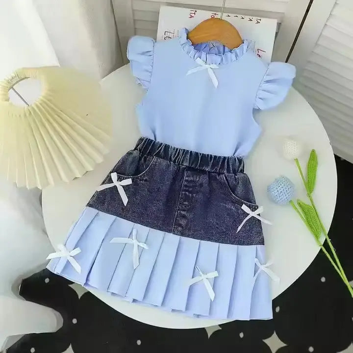 Girls Blue Top With Denim Bow Skirt 2 Pcs Set