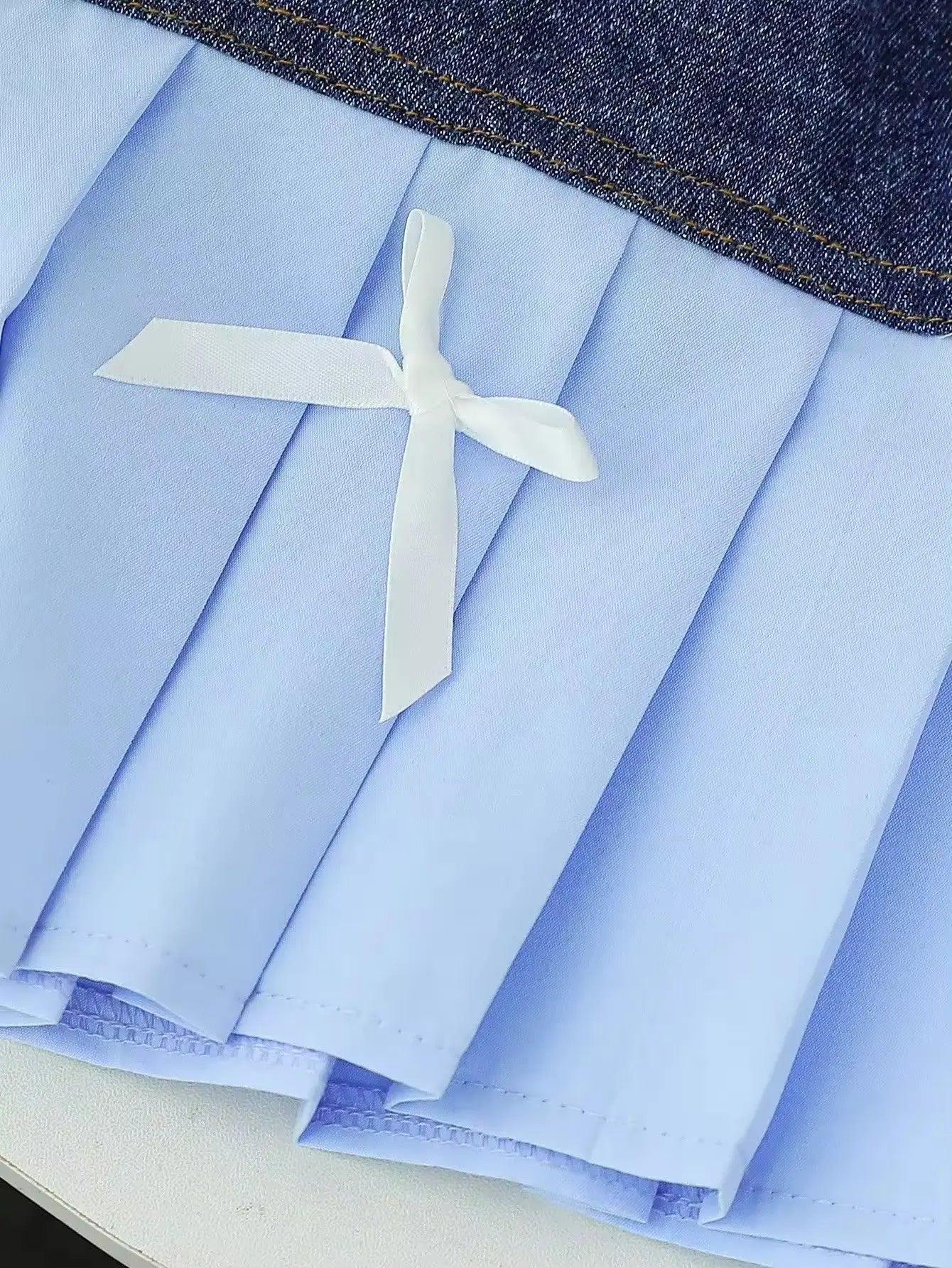 Girls Blue Top With Denim Bow Skirt 2 Pcs Set