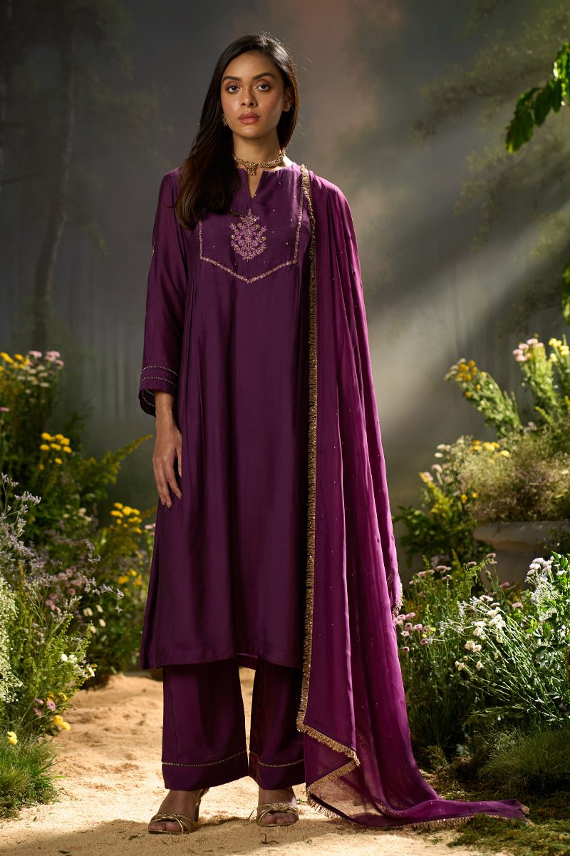 Plum Bemberg Silk Festive Kurta Set
