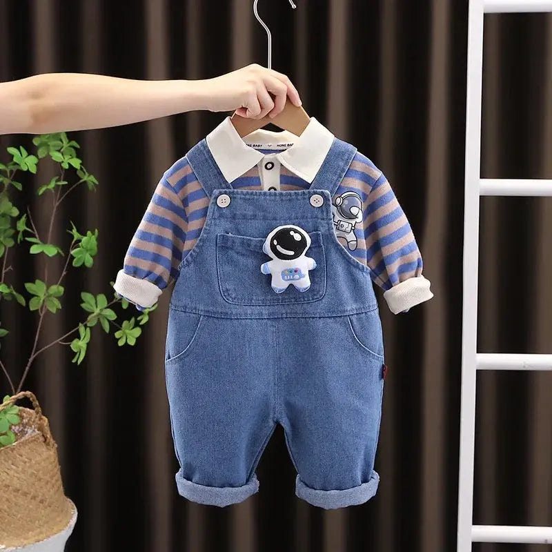 Boys Blue Striped T-shirt With Dungaree 2 pcs Set