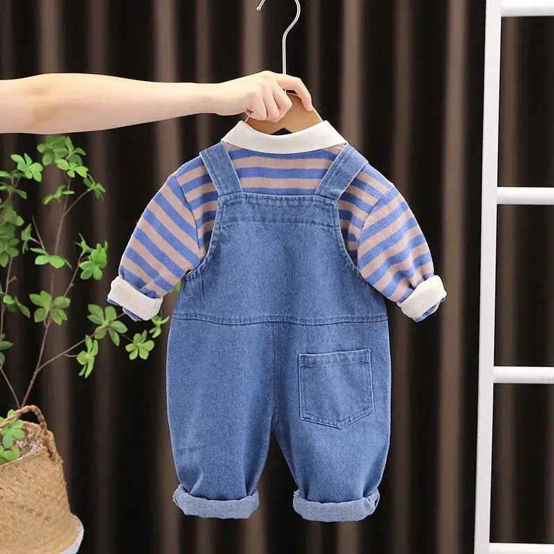 Boys Blue Striped T-shirt With Dungaree 2 pcs Set